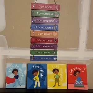 Kids Affirmations Set of 5 wall Decor. Canvas Art 5x7 (4) & 1 affirmation hanger